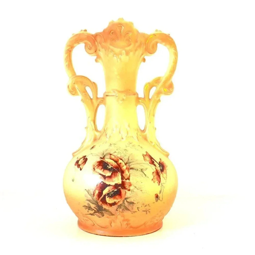Vtg  1965 Porcelain Victorian Double Handle Trophy Vase W/ Flowers  & Gold Trim